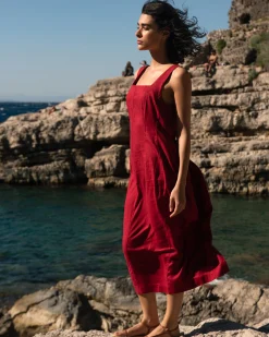 Saulay Square Neck Linen Blend Midi Dress Vibrant Red