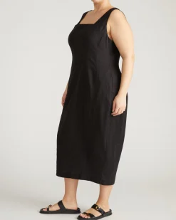 Saulay Square Neck Linen Blend Midi Dress Black