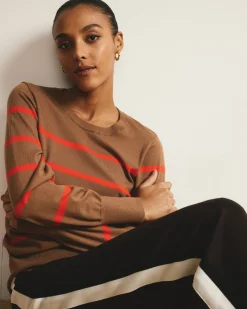 Savvy Fine Knit Crew Sweater Classic Camel/Poppy Stripe