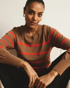 Savvy Fine Knit Crew Sweater Classic Camel/Poppy Stripe