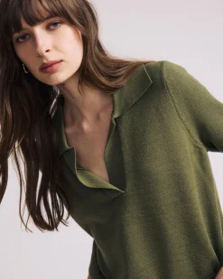 Savvy Fine Knit Short Sleeve Polo Sweater Olive Leaf