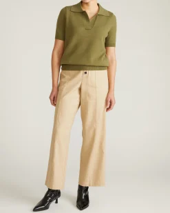 Savvy Fine Knit Short Sleeve Polo Sweater Olive Leaf