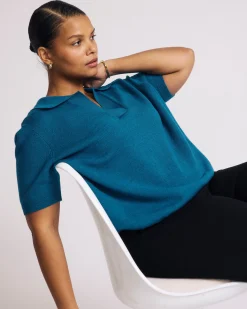 Savvy Fine Knit Short Sleeve Polo Sweater Blue Beetle