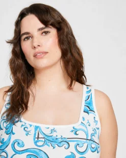 Square Neck Tank Top Blue Majolica Print