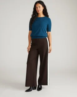 Stephanie Wide Leg Stripe Ponte Pants 30 Inch Espresso with Black/Ecru Stripe