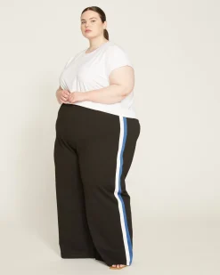 Stephanie Wide Leg Stripe Ponte Pants 30 Inch Black with Blue/White Stripe