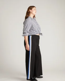 Stephanie Wide Leg Stripe Ponte Pants 30 Inch Black with Blue/White Stripe