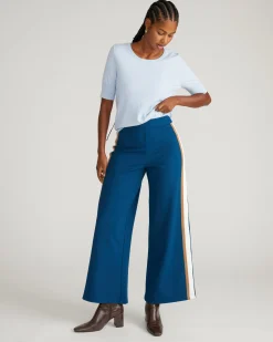 Stephanie Wide Leg Stripe Ponte Pants 30 Inch Deep Teal with Camel/Ecru Stripe