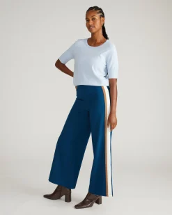 Stephanie Wide Leg Stripe Ponte Pants 30 Inch Deep Teal with Camel/Ecru Stripe