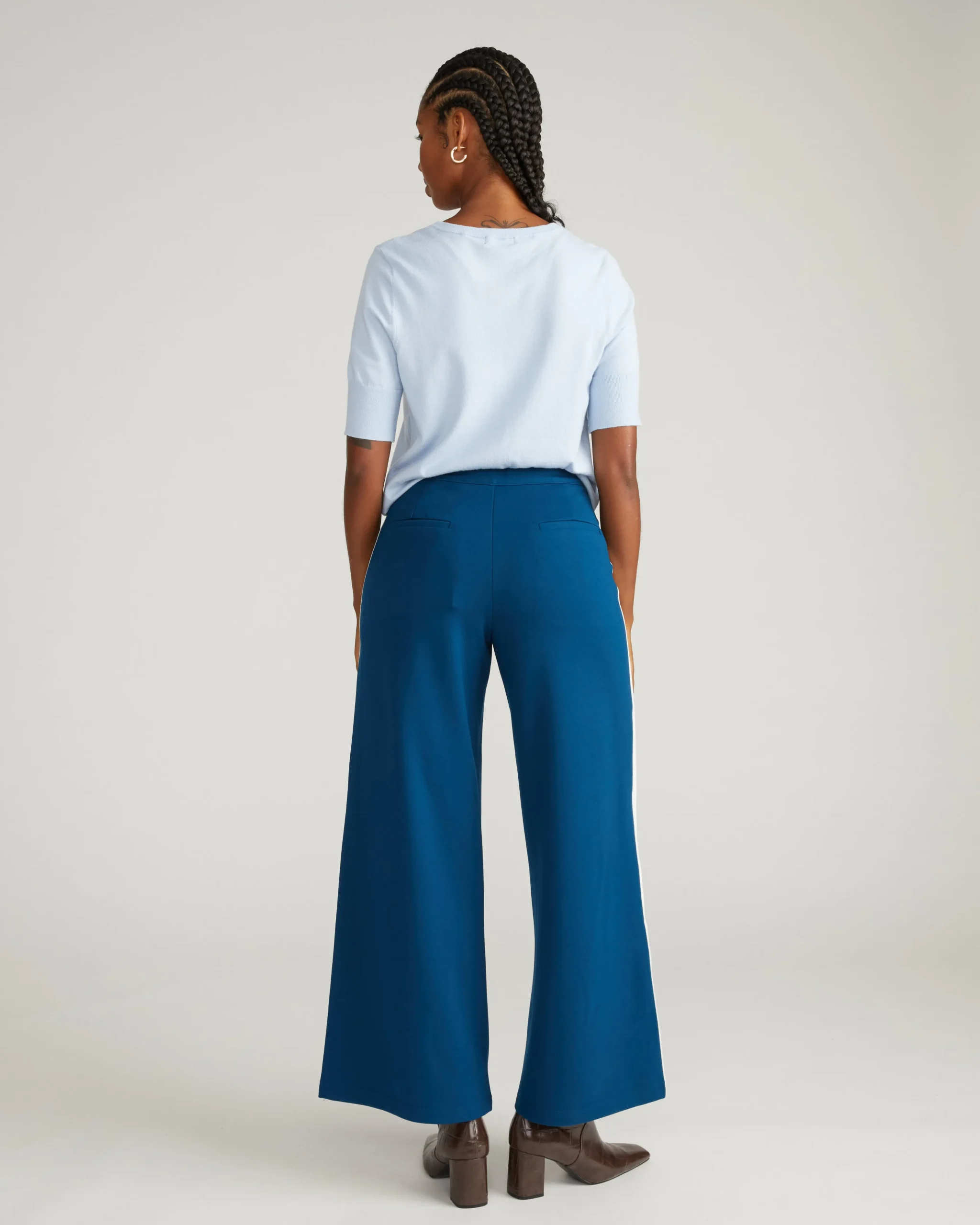 Stephanie Wide Leg Stripe Ponte Pants 30 Inch Deep Teal with Camel/Ecru Stripe