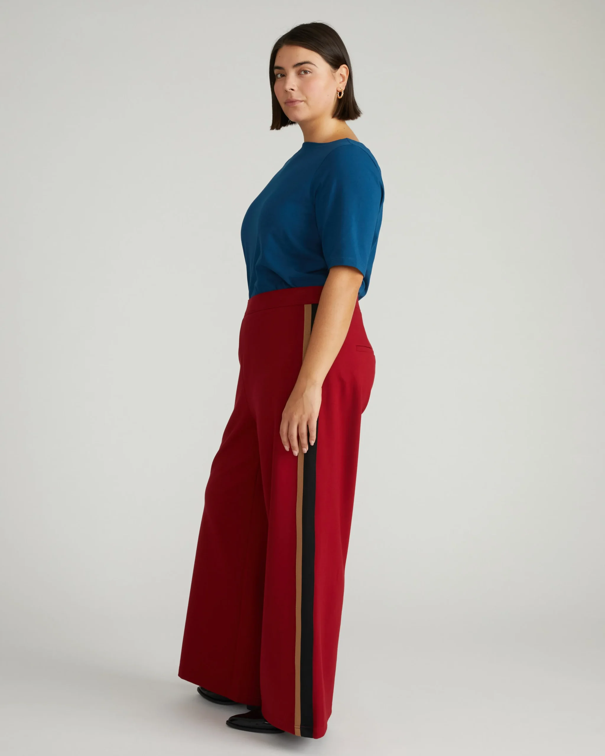 Stephanie Wide Leg Stripe Ponte Pants 30 Inch Garnet with Camel/Black Stripe