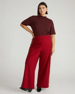 Stephanie Wide Leg Stripe Ponte Pants 30 Inch Garnet with Camel/Black Stripe