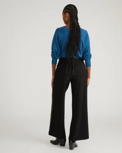 Stephanie Wide Leg Stripe Ponte Pants 30 Inch Black with Camo Stripe