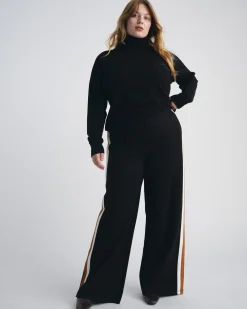 Stephanie Wide Leg Stripe Ponte Pants 30 Inch Black with Ochre/White Stripe
