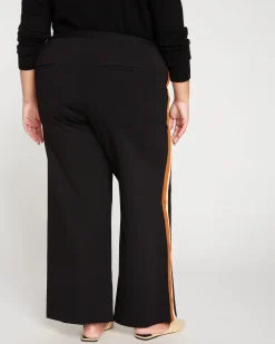Stephanie Wide Leg Stripe Ponte Pants 30 Inch Black with Ochre/White Stripe