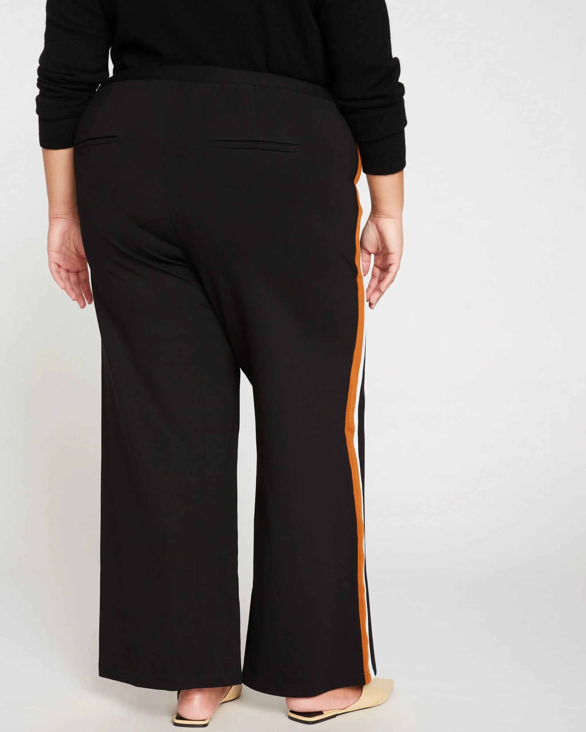 Stephanie Wide Leg Stripe Ponte Pants 30 Inch Black with Ochre/White Stripe