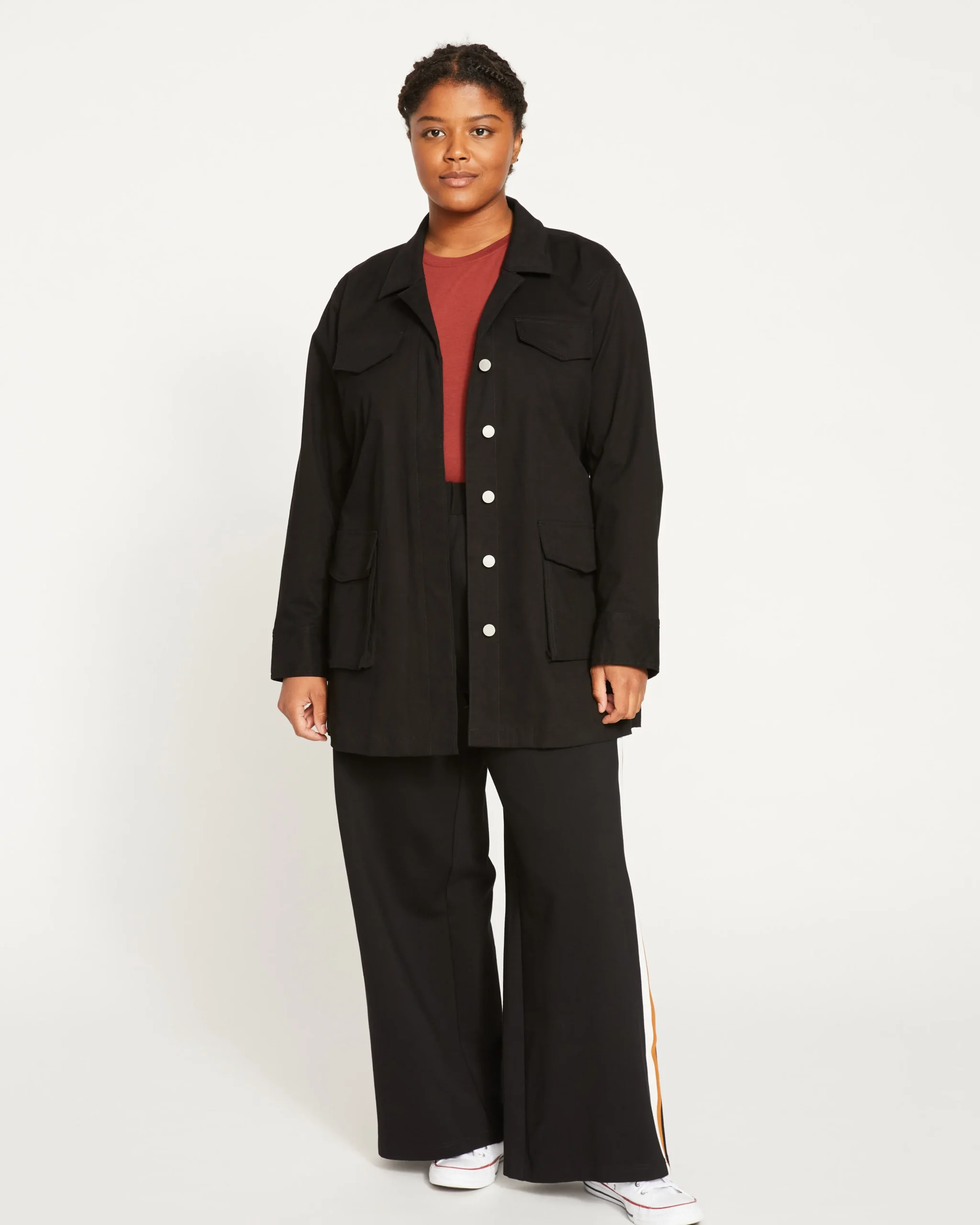 Stephanie Wide Leg Stripe Ponte Pants 30 Inch Black with Ochre/White Stripe