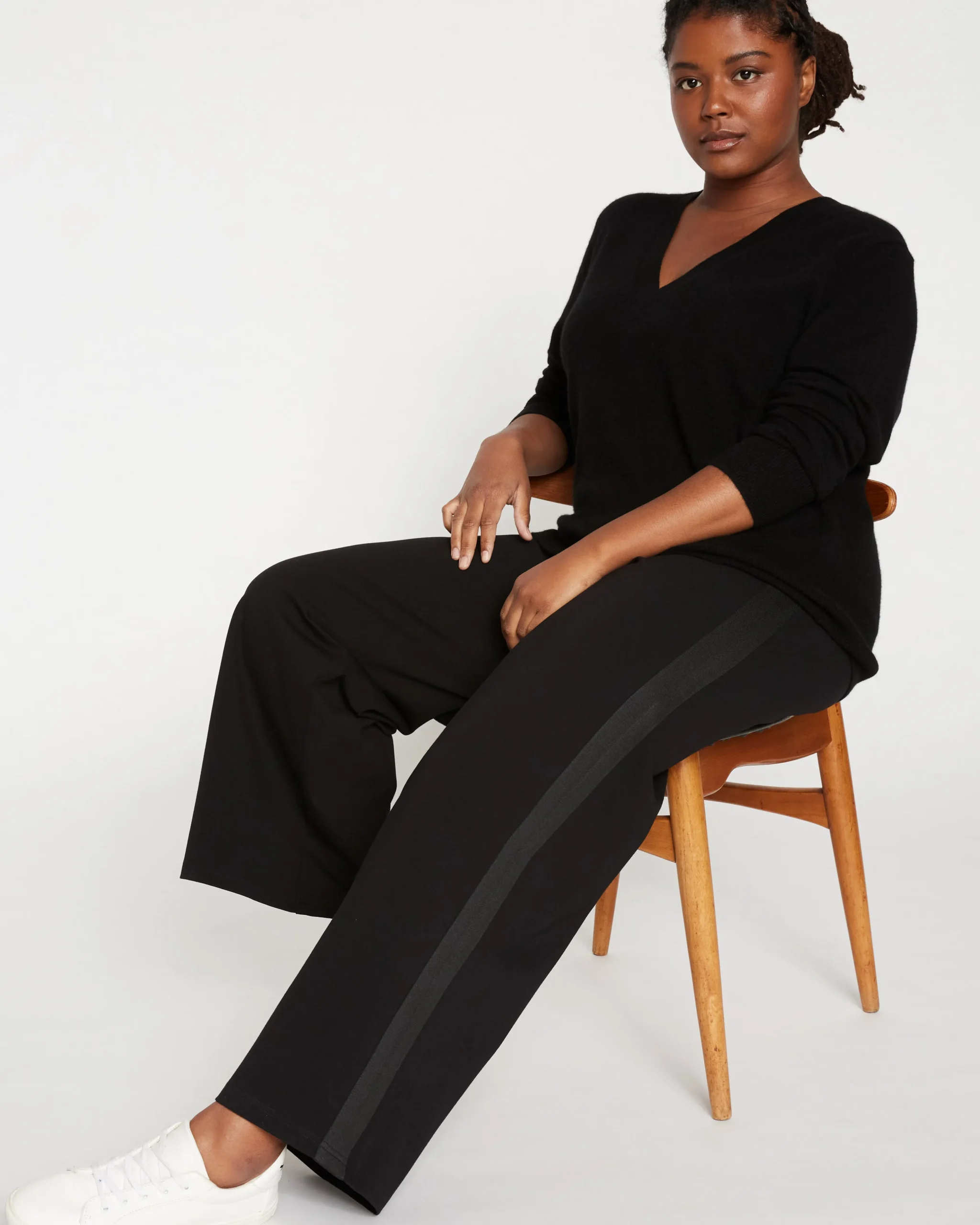 Stephanie Wide Leg Stripe Ponte Pants 30 Inch Black with Black Stripe