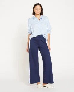 Stephanie Wide Leg Stripe Ponte Pants 30 Inch Navy with Blue/White Stripe
