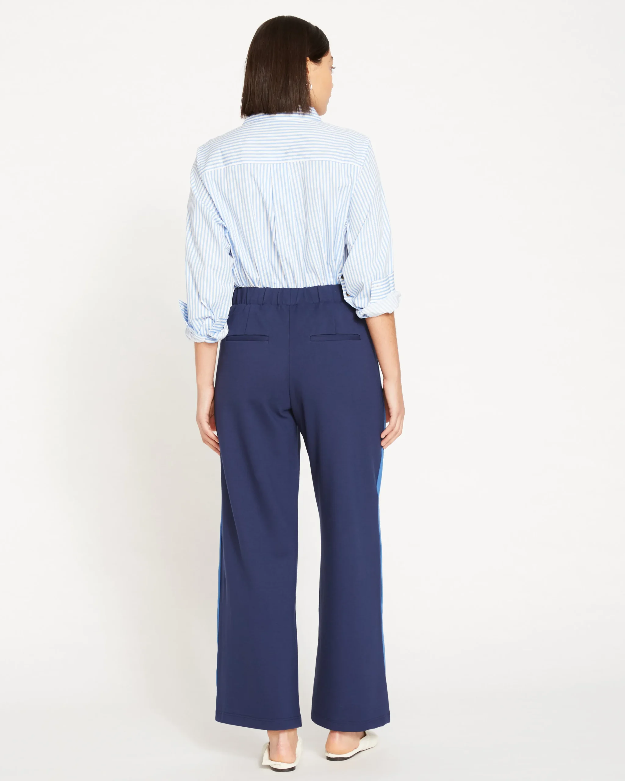 Stephanie Wide Leg Stripe Ponte Pants 30 Inch Navy with Blue/White Stripe