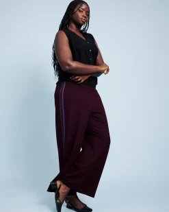 Stephanie Wide Leg Stripe Ponte Pants 30 Inch Black Cherry with Green/Ultramarine Piping