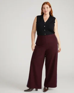 Stephanie Wide Leg Stripe Ponte Pants 30 Inch Black Cherry with Green/Ultramarine Piping