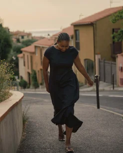 Sunset Linen Blend Flounce Dress Black