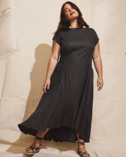 Sunset Linen Blend Flounce Dress Black