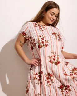 Sunset Linen Blend Flounce Dress Wild Flower Bouquet Print on Stripes