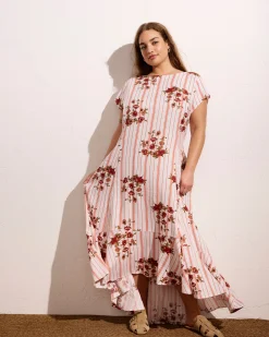 Sunset Linen Blend Flounce Dress Wild Flower Bouquet Print on Stripes