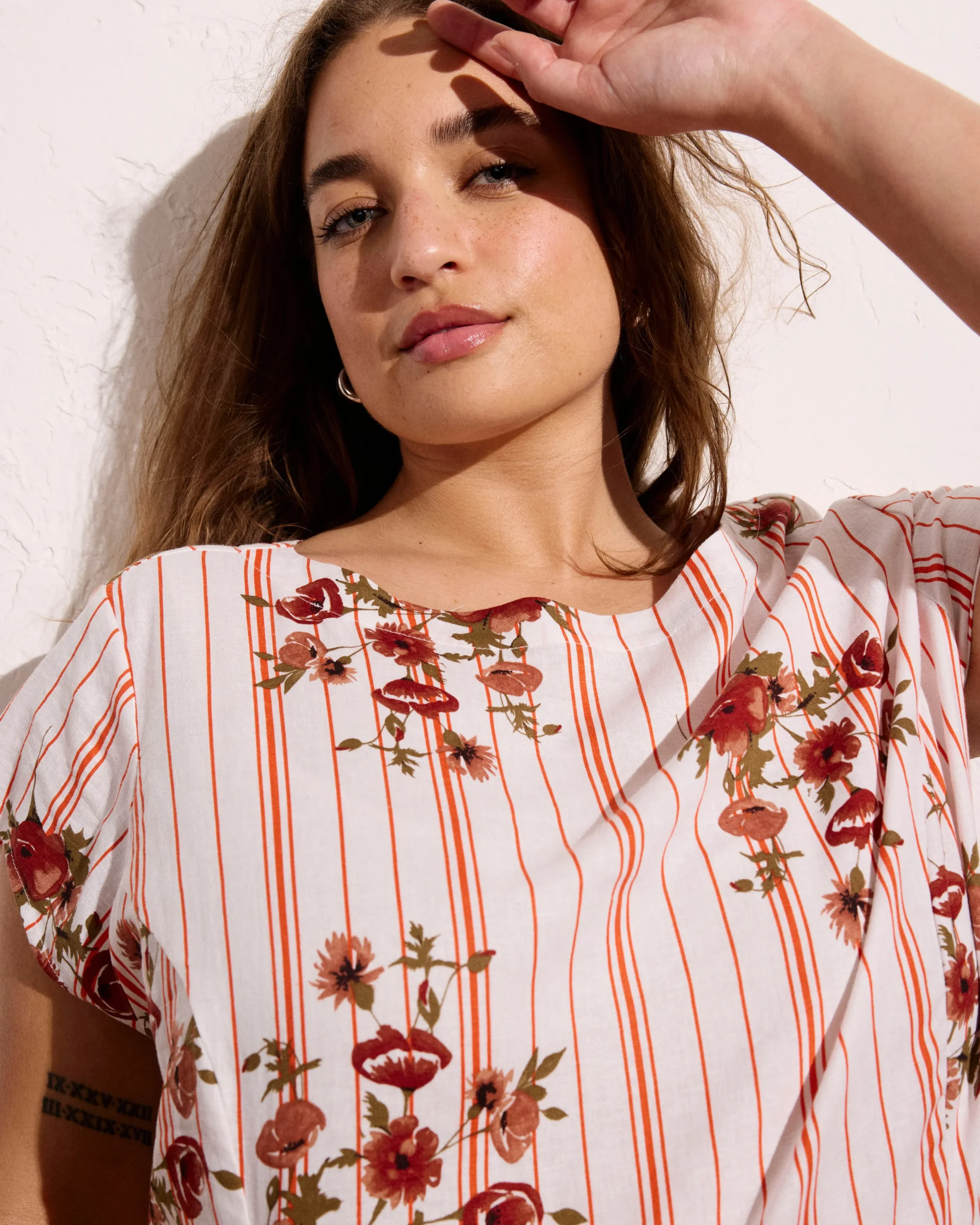 Sunset Linen Blend Flounce Dress Wild Flower Bouquet Print on Stripes