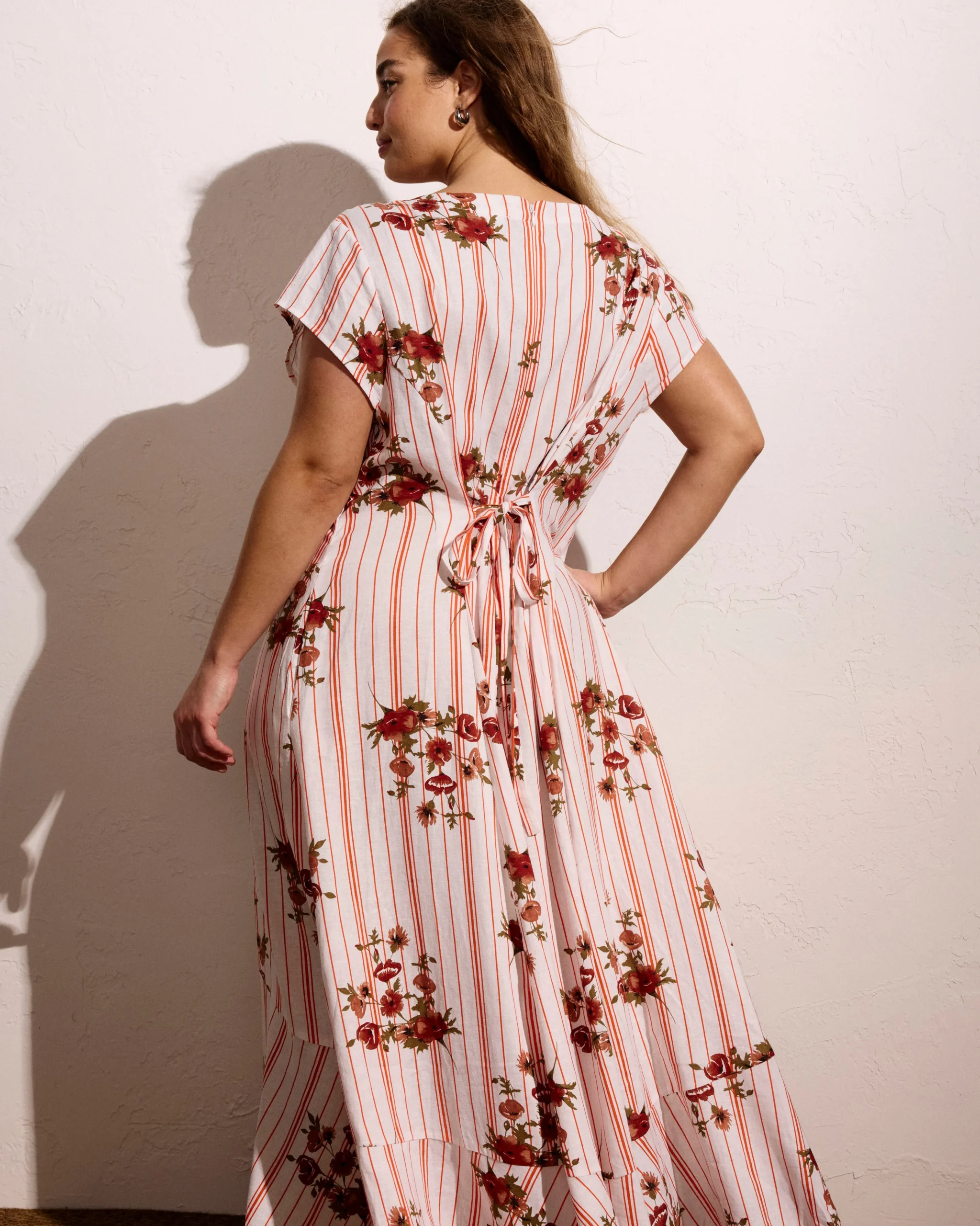 Sunset Linen Blend Flounce Dress Wild Flower Bouquet Print on Stripes