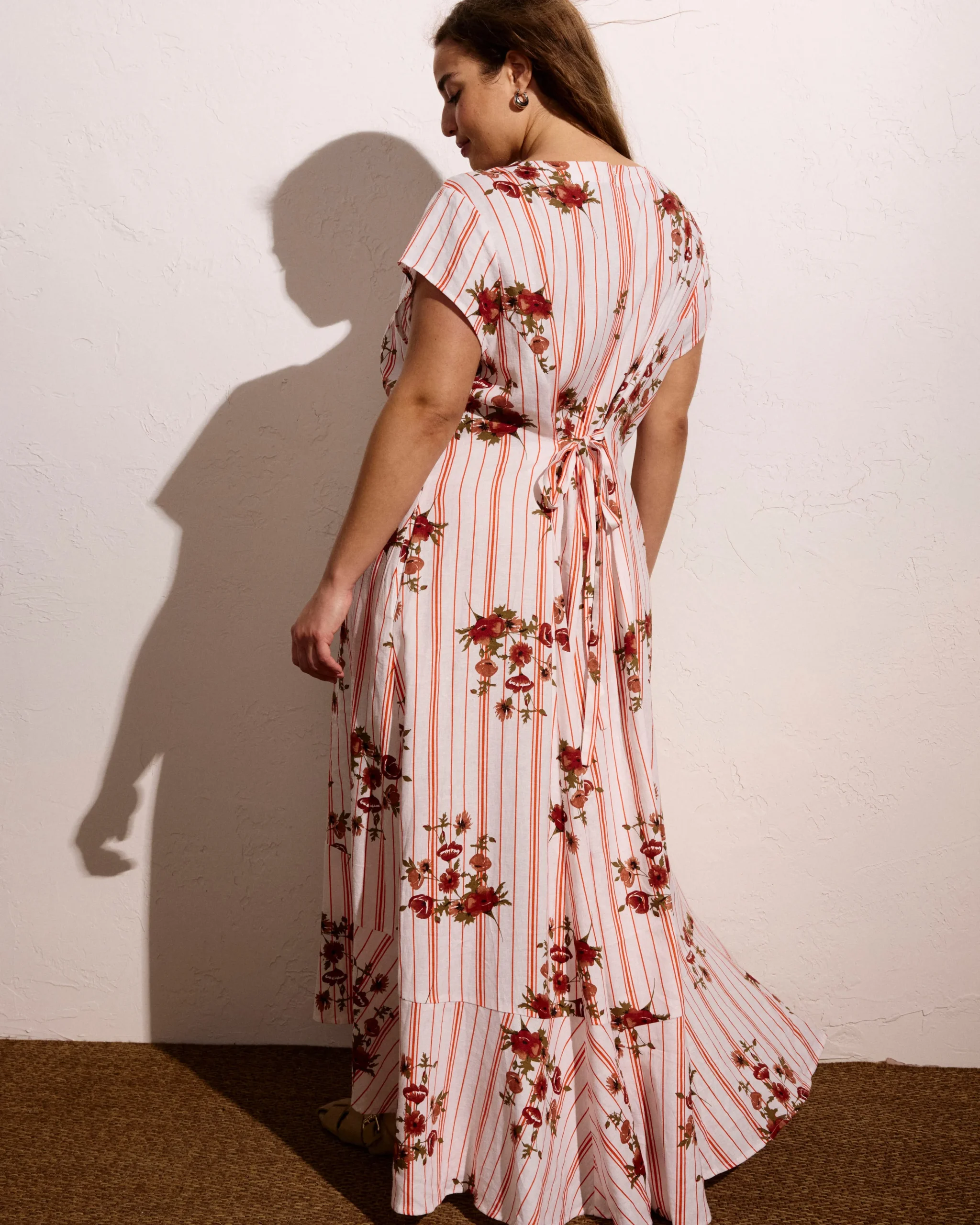 Sunset Linen Blend Flounce Dress Wild Flower Bouquet Print on Stripes