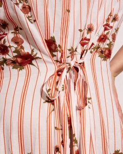 Sunset Linen Blend Flounce Dress Wild Flower Bouquet Print on Stripes