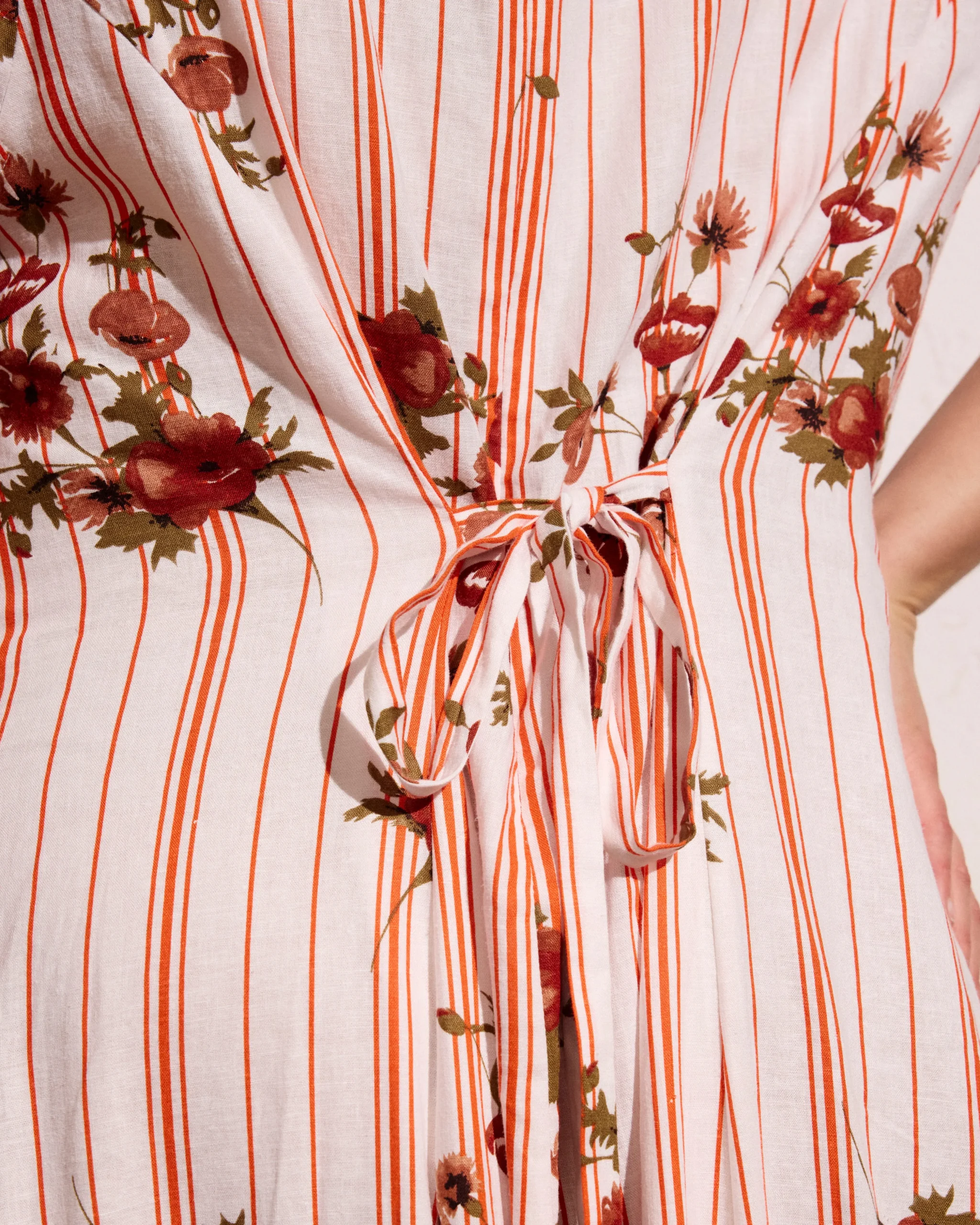 Sunset Linen Blend Flounce Dress Wild Flower Bouquet Print on Stripes