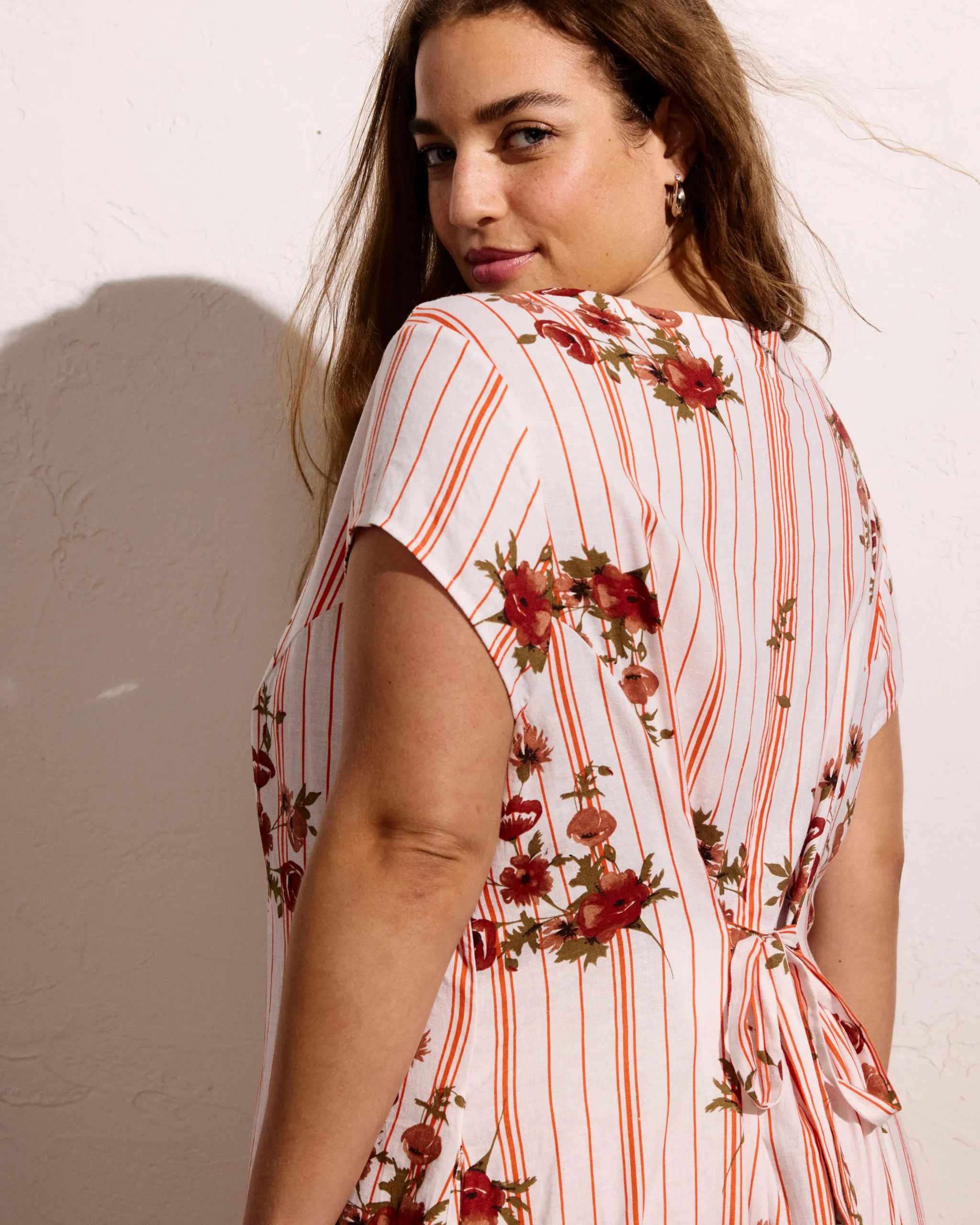 Sunset Linen Blend Flounce Dress Wild Flower Bouquet Print on Stripes
