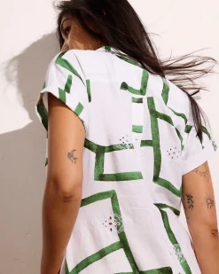 Sunshine Linen Blend Polo Dress Green Paint Print