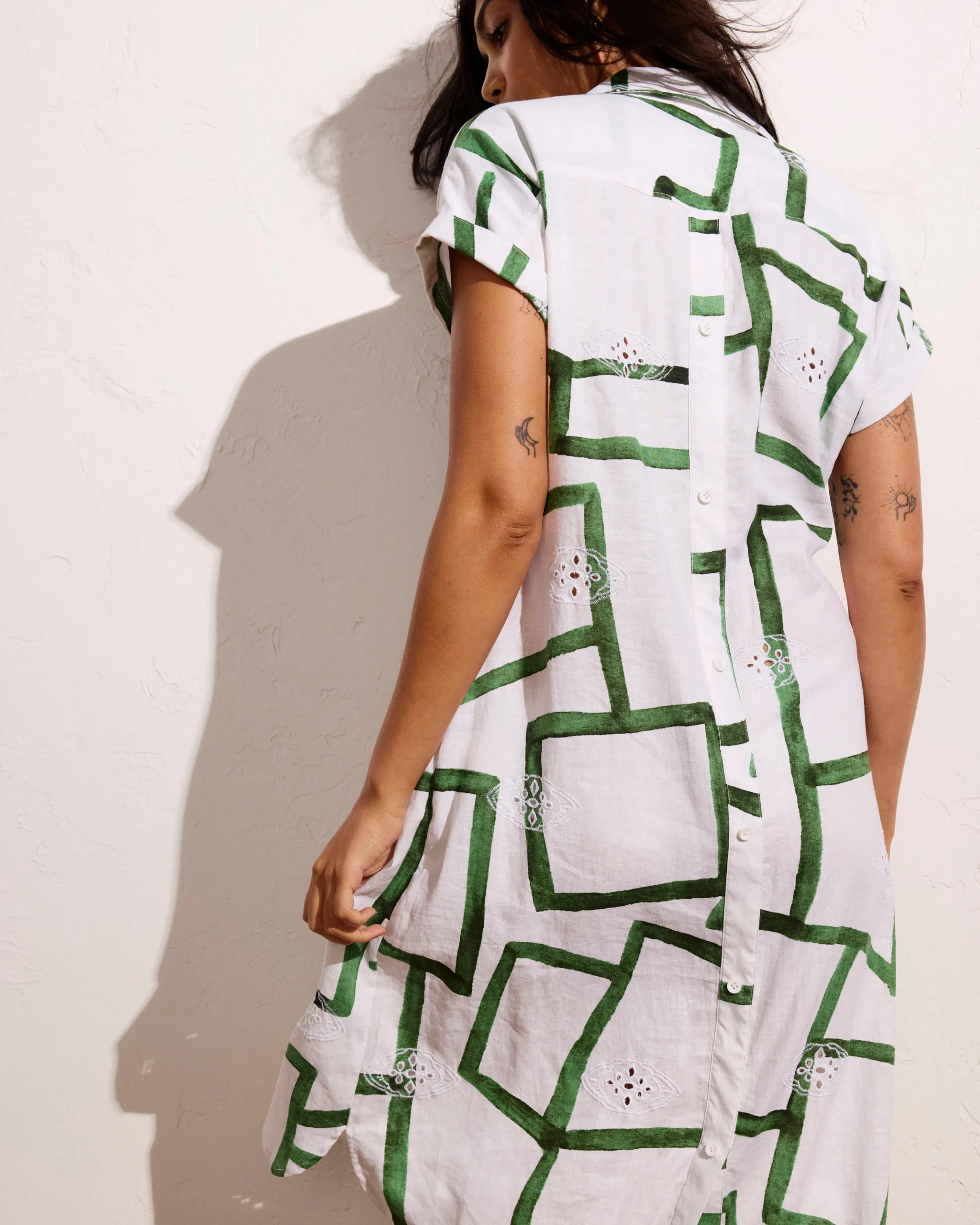 Sunshine Linen Blend Polo Dress Green Paint Print