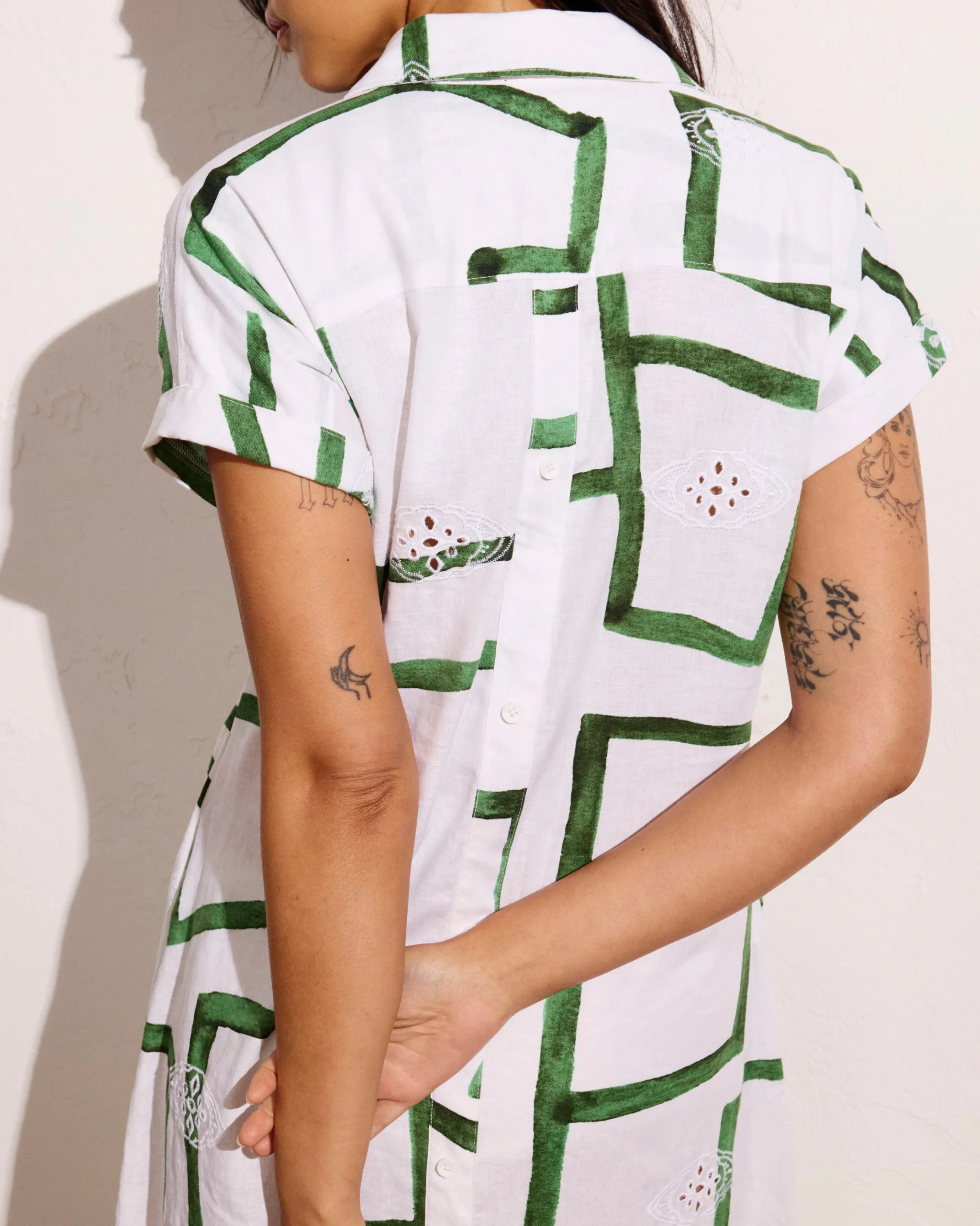 Sunshine Linen Blend Polo Dress Green Paint Print