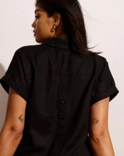 Sunshine Linen Blend Polo Dress Black