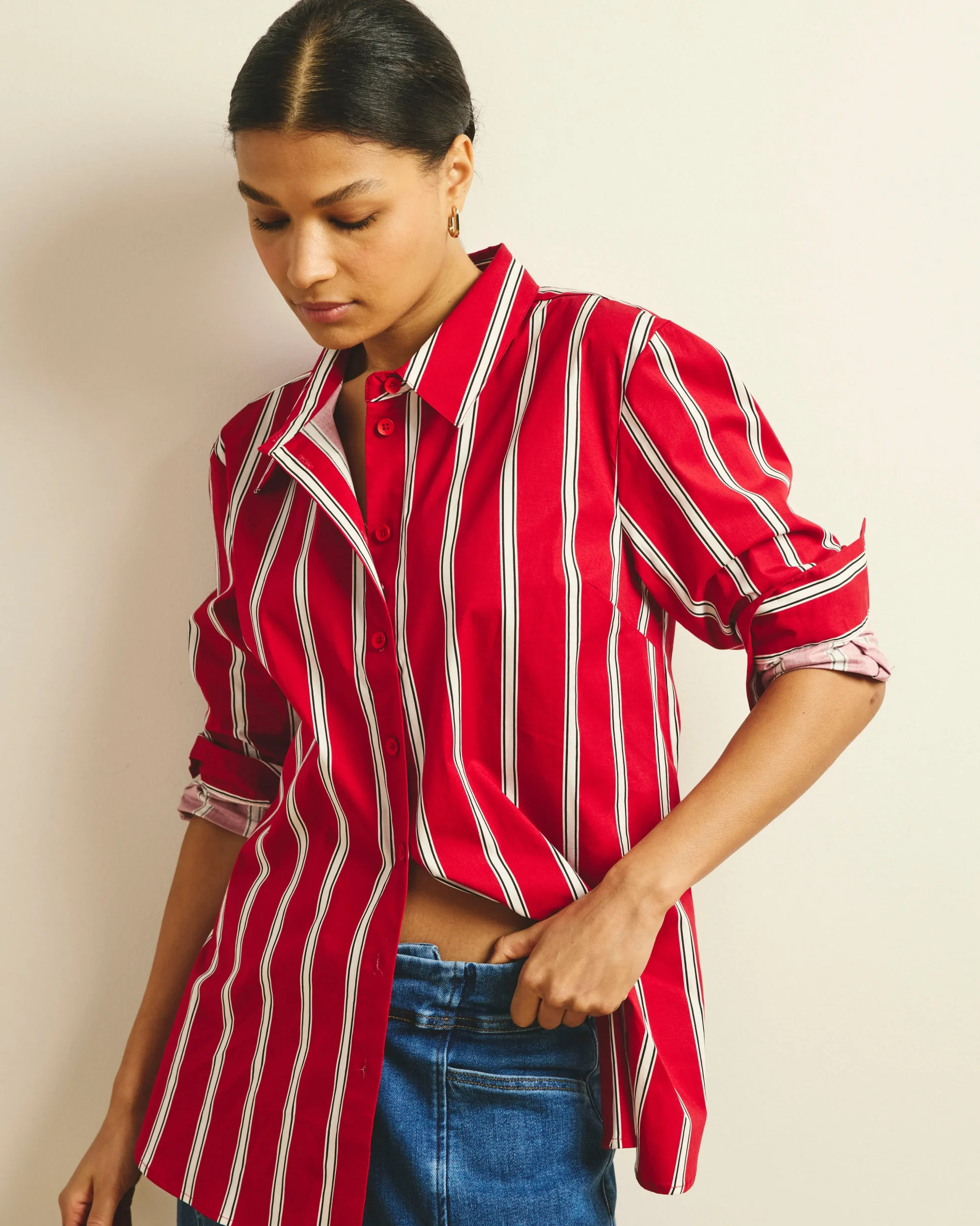 The Artist Oversized Poplin Shirt Red/Black/White Stripe
