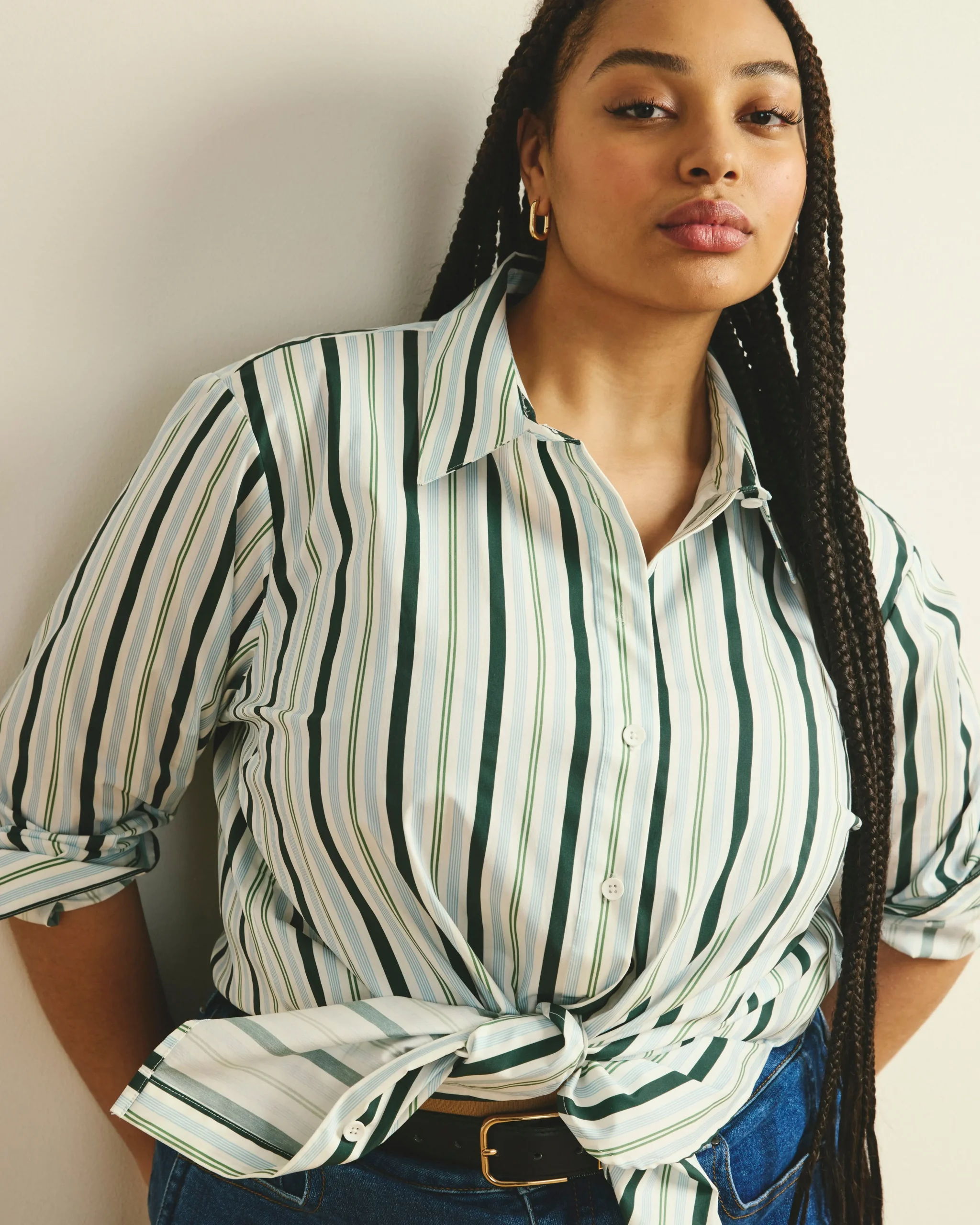 The Artist Oversized Poplin Shirt Forest Green Multi Stripe