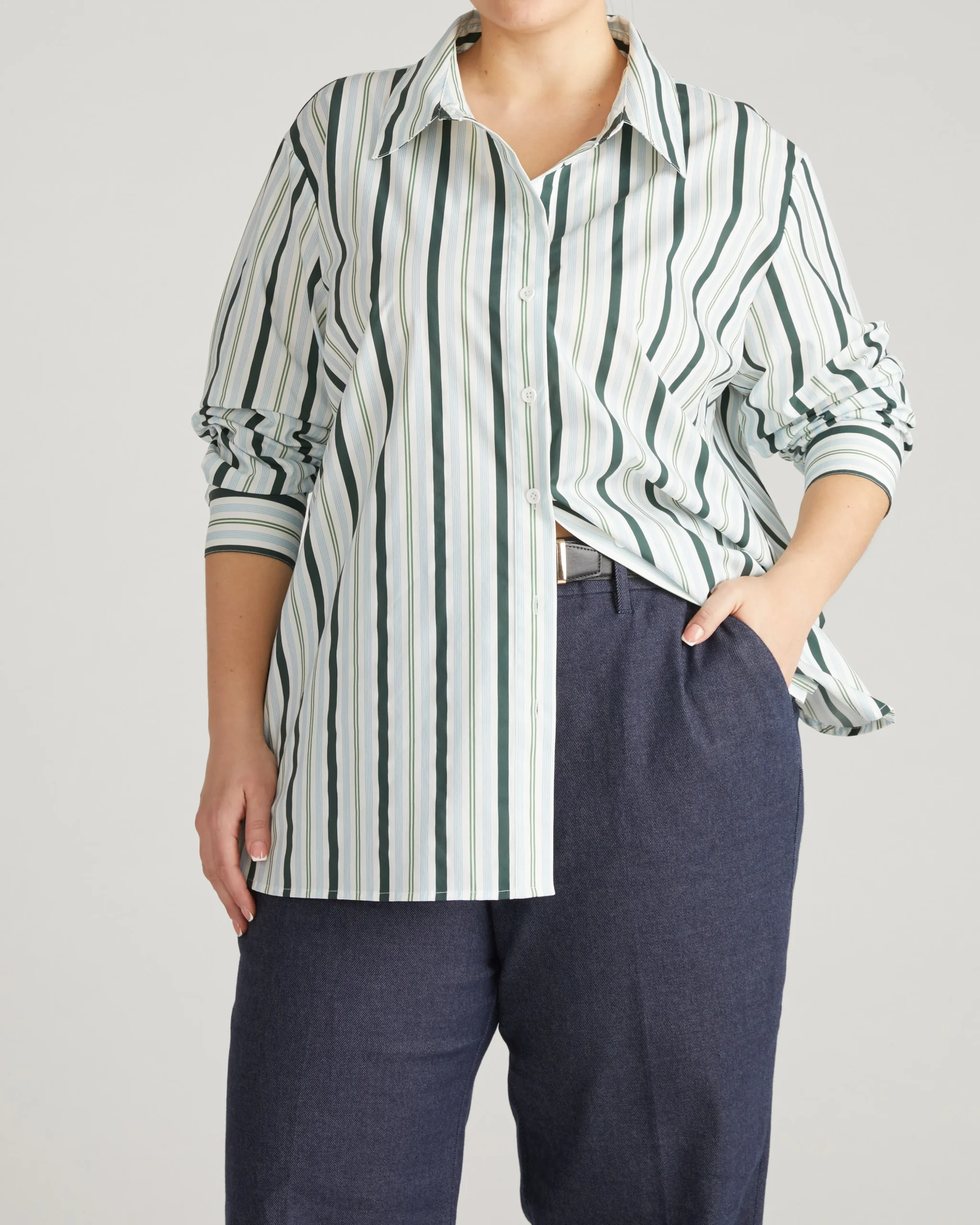 The Artist Oversized Poplin Shirt Forest Green Multi Stripe