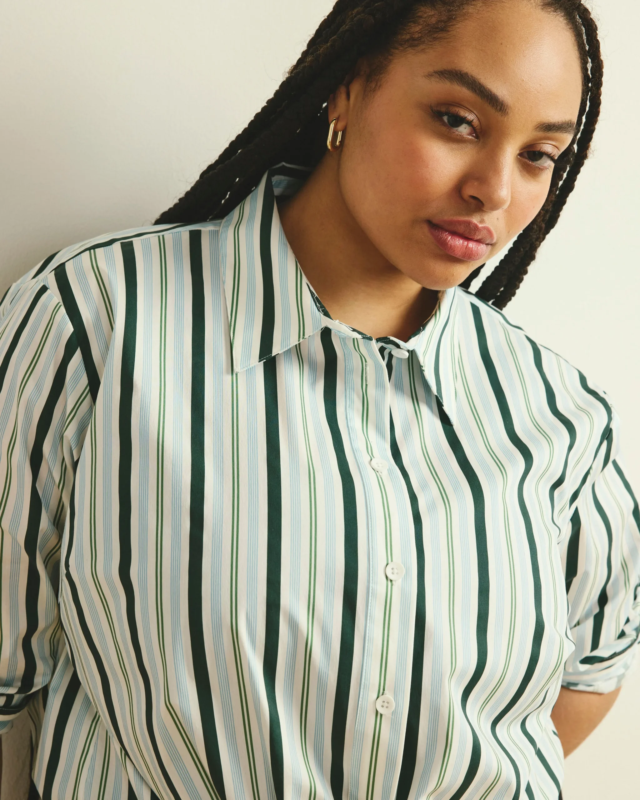 The Artist Oversized Poplin Shirt Forest Green Multi Stripe