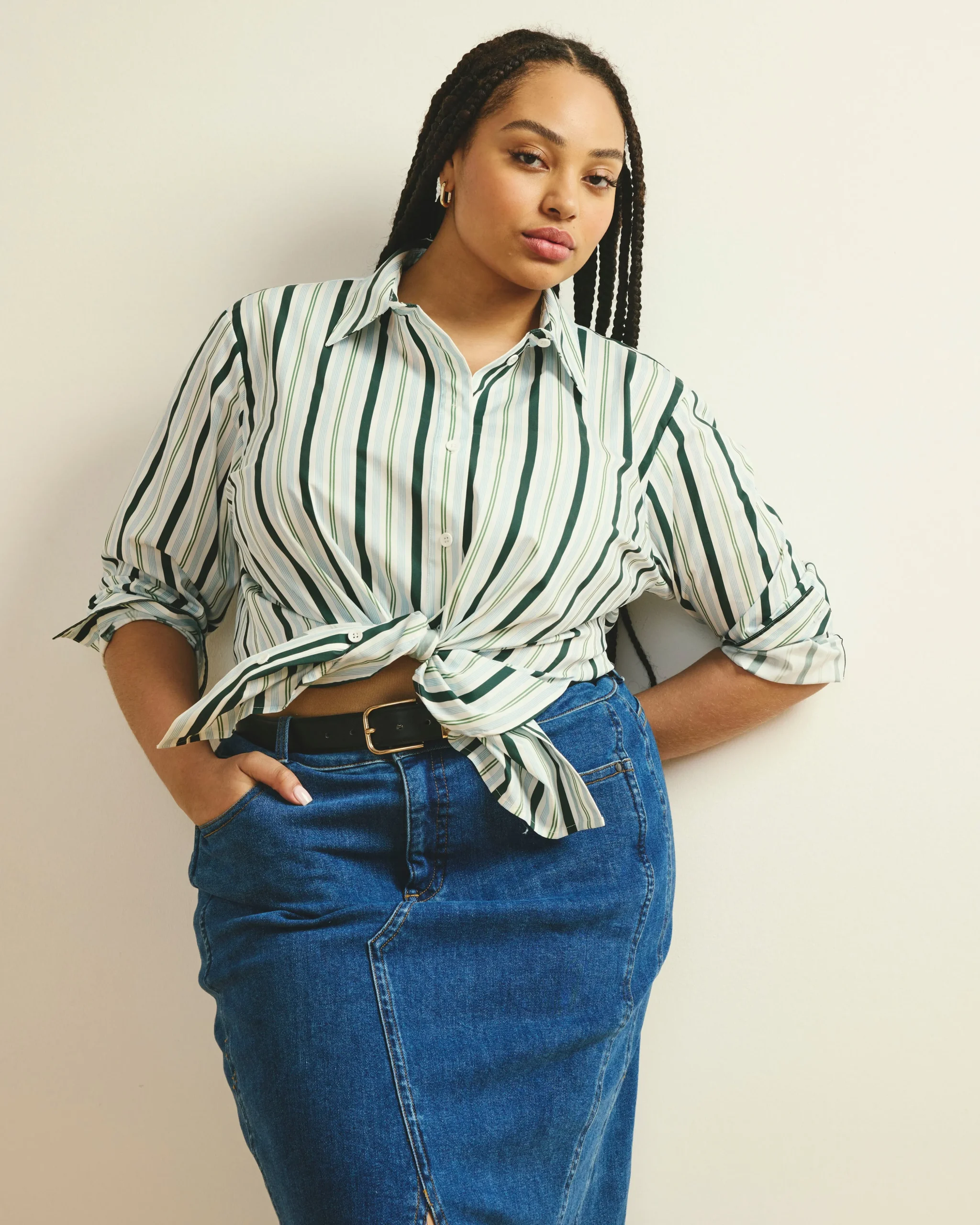 The Artist Oversized Poplin Shirt Forest Green Multi Stripe