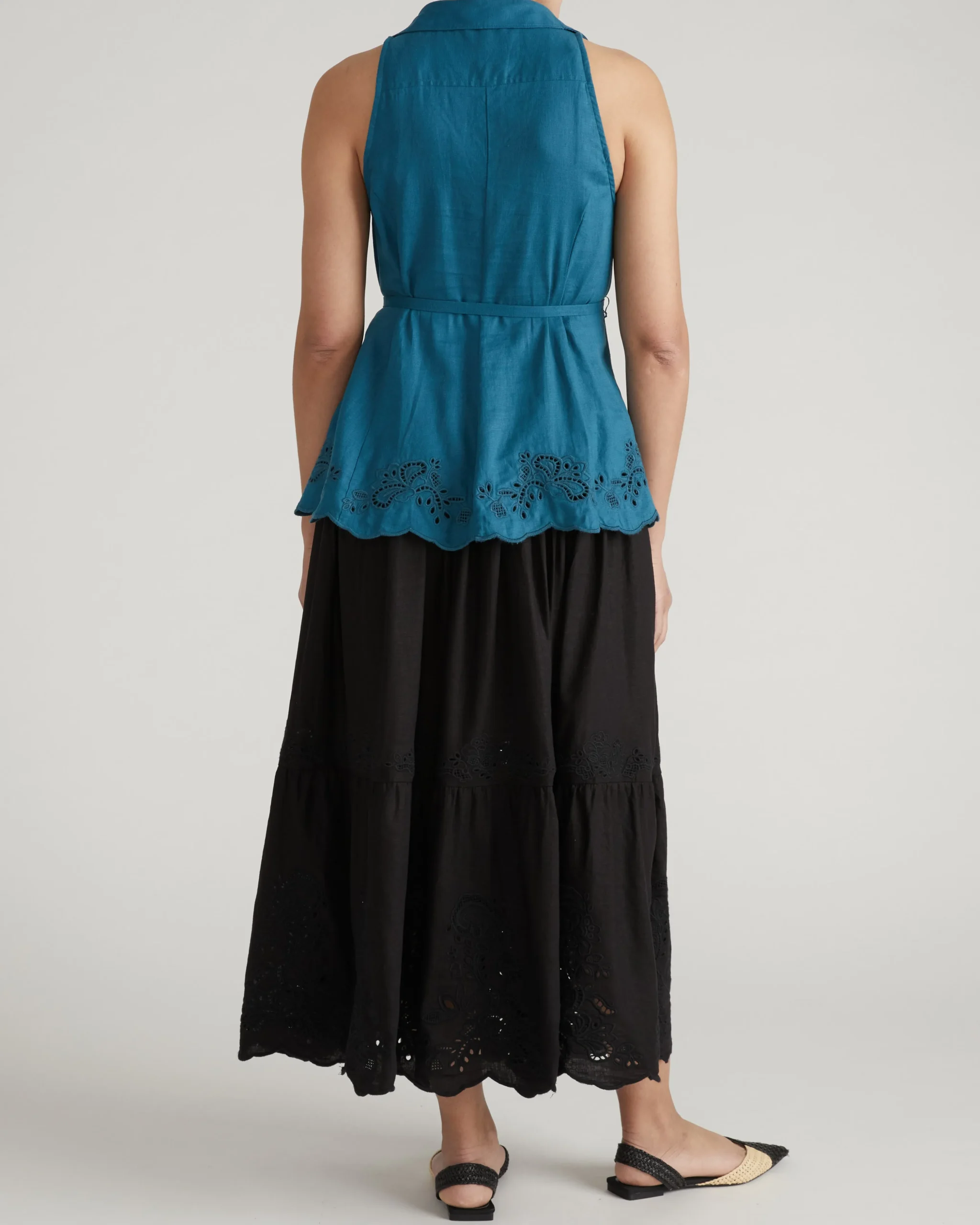 Tosca Embroidered Linen Blend Maxi Skirt Black