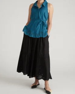 Tosca Embroidered Linen Blend Maxi Skirt Black
