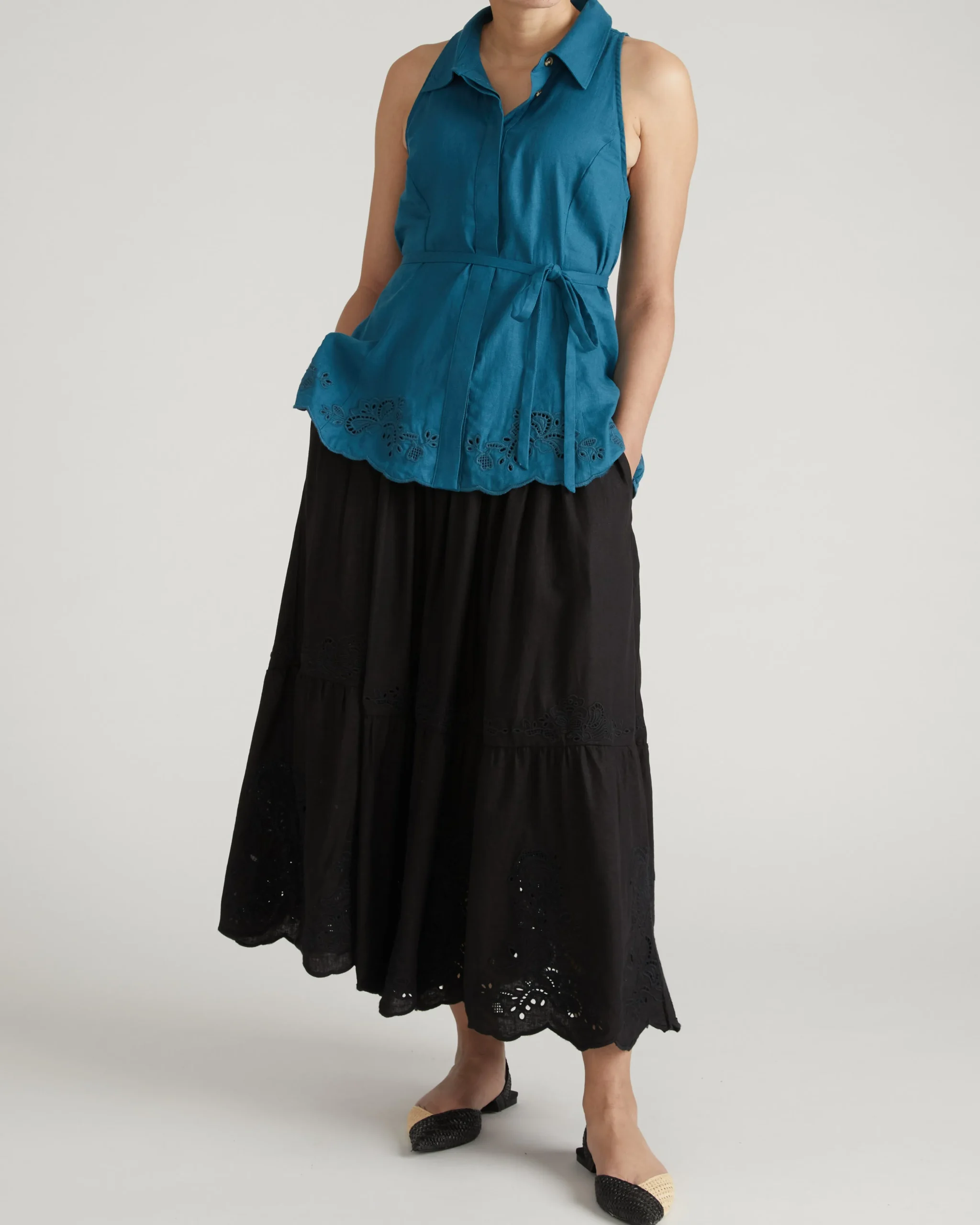 Tosca Embroidered Linen Blend Maxi Skirt Black