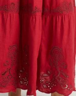 Tosca Embroidered Linen Blend Maxi Skirt Vibrant Red