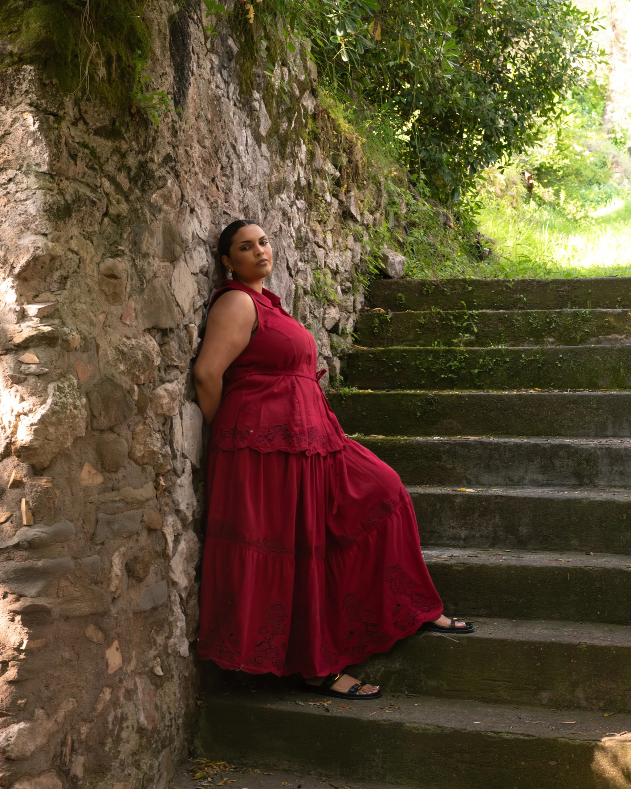 Tosca Embroidered Linen Blend Maxi Skirt Vibrant Red